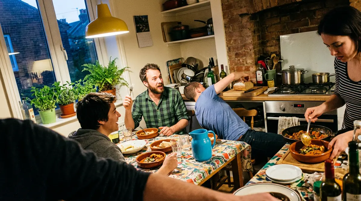 Una cena compartida en la cocina de un piso