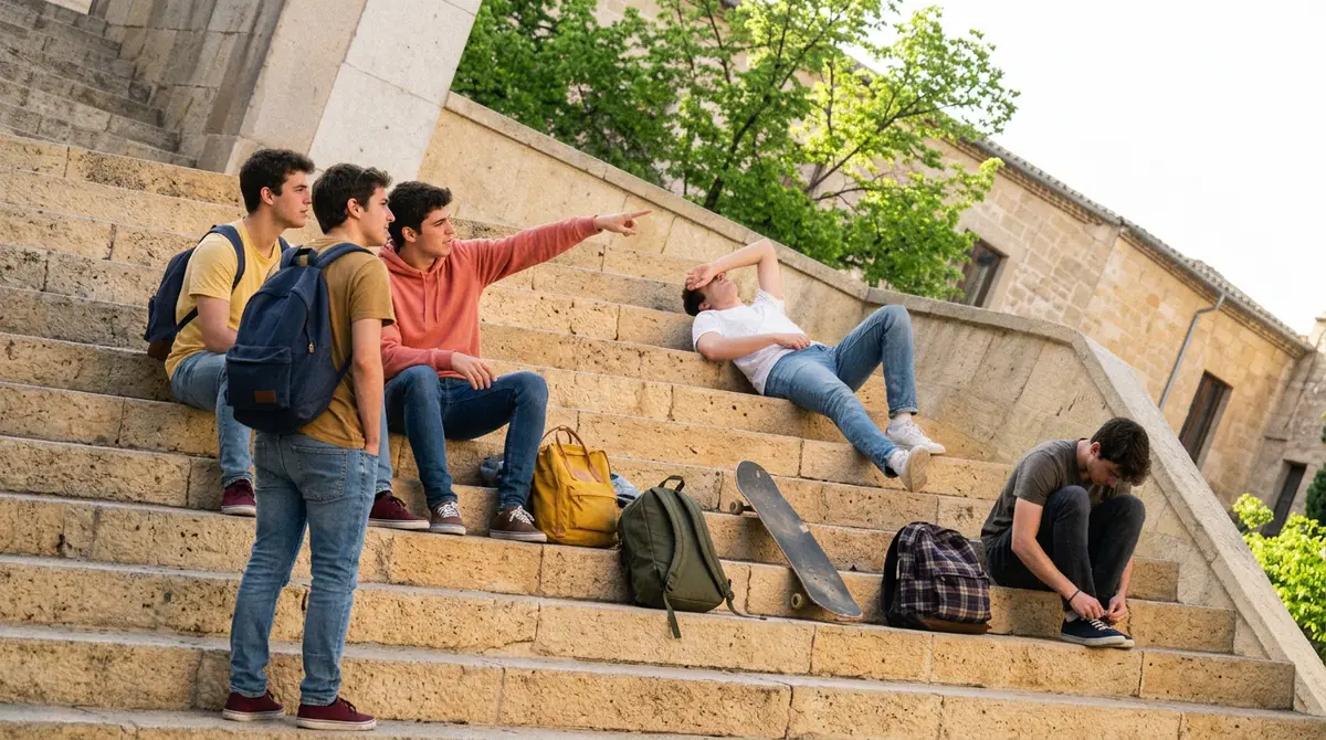 Un grupo sentado en unos escalones