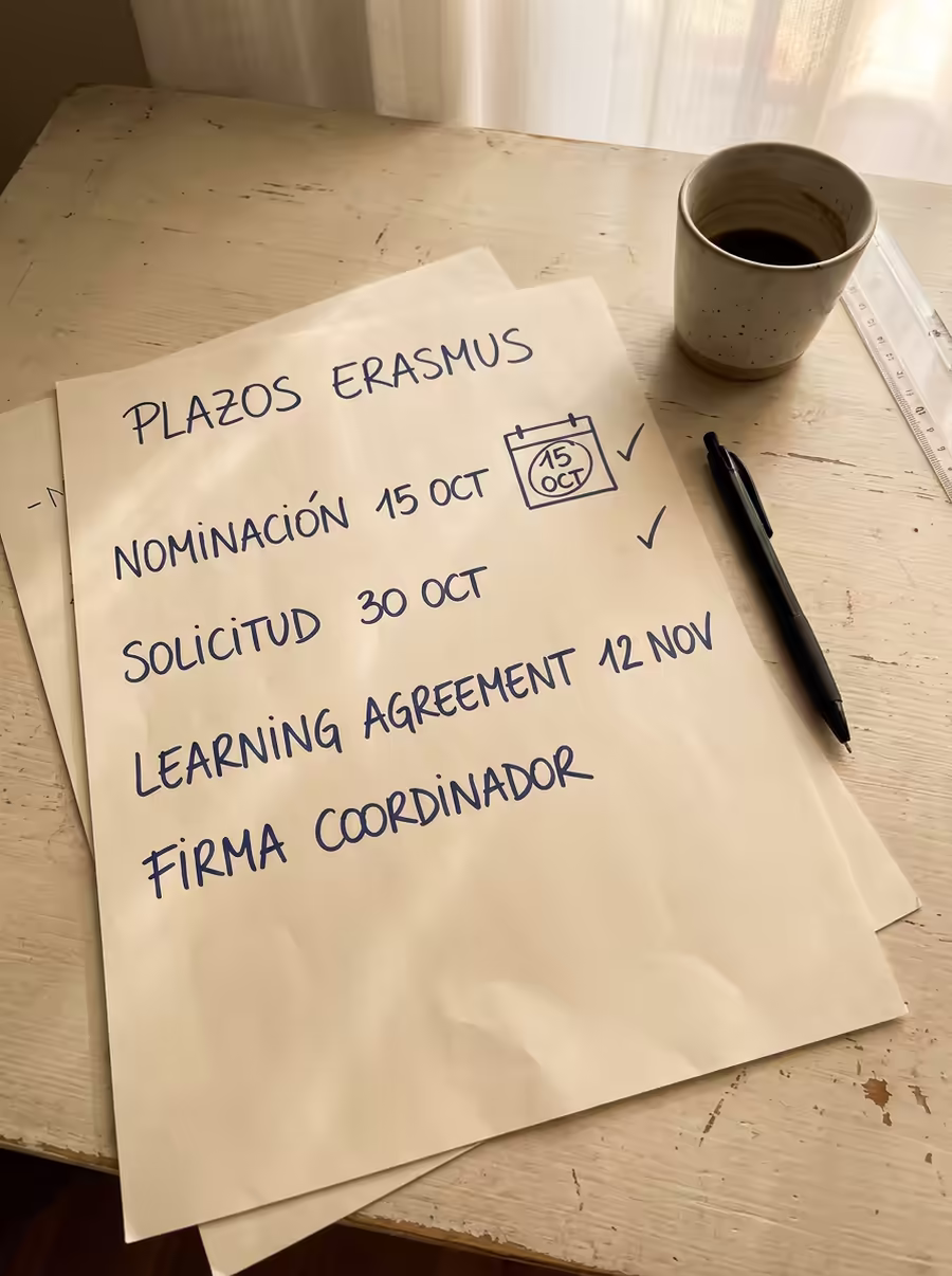 Agenda ilustrativa de plazos Erasmus; consulta siempre el calendario oficial de tu universidad