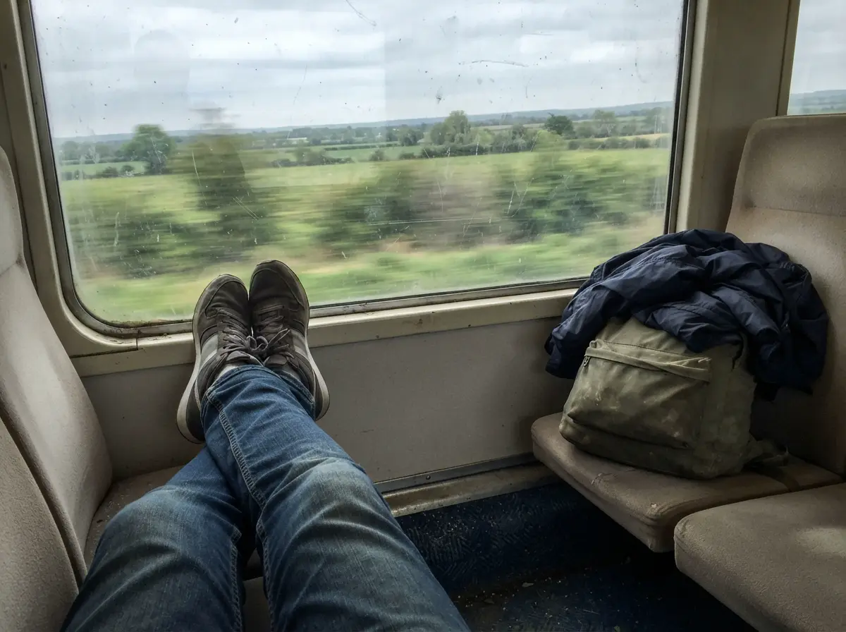 La ventanilla de un tren con una mochila